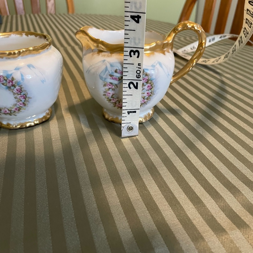 Vintage Gold-Trim Porcelain Creamer and Sugar Set with Floral Wreaths - Picture 2 of 8